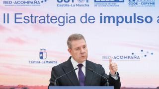 Emiliano García-Page este viernes en Tarazona de la Mancha (Albacete) durante la presentación de la II Estrategia de Impulso al Trabajo Autónomo 2026-2030.