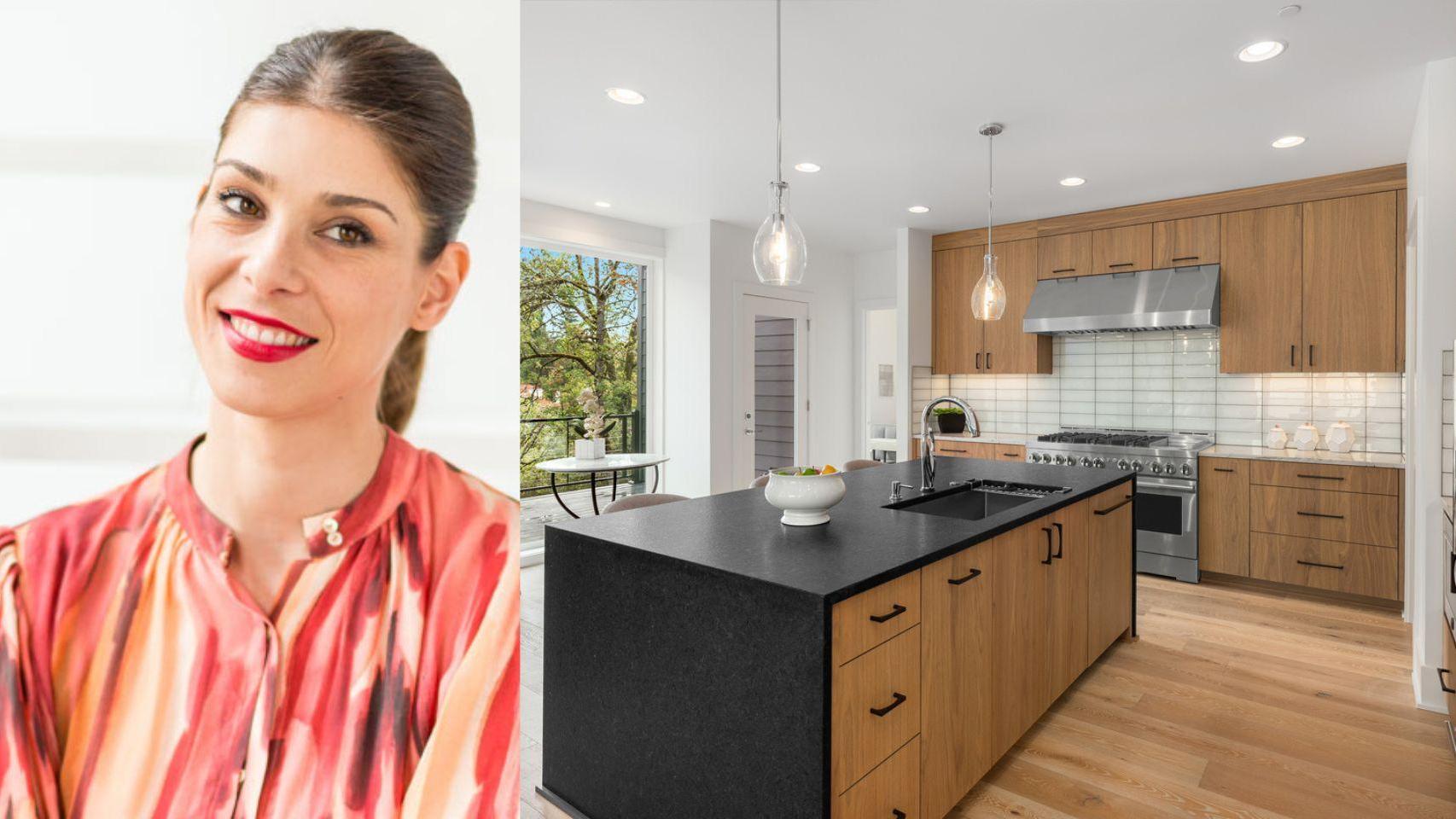 Miriam Gómez y una cocina moderna con isla.