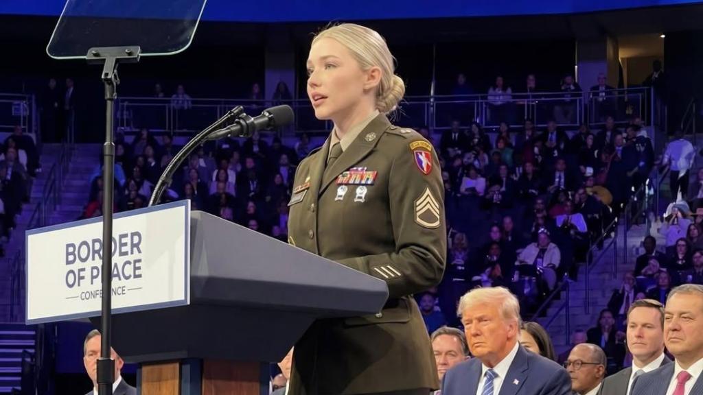 The president of the United States, attentive to the 'words' of Jessica Foster.