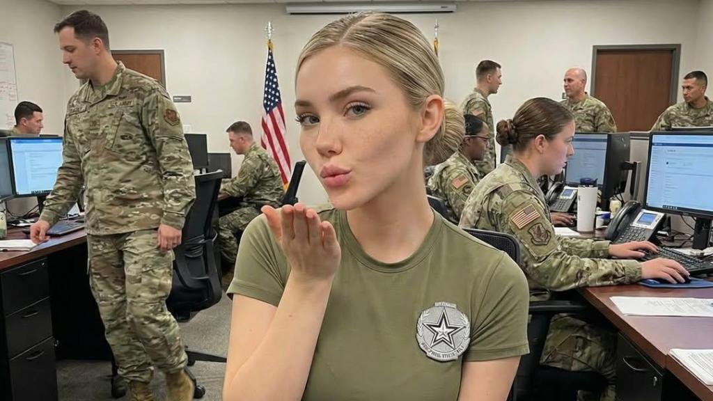 Jessica Foster, surrounded by soldiers on a work day.