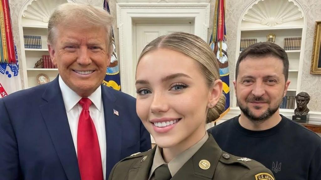 Jessica Foster poses in a photograph with Donald Trump and Volodymyr Zelensky