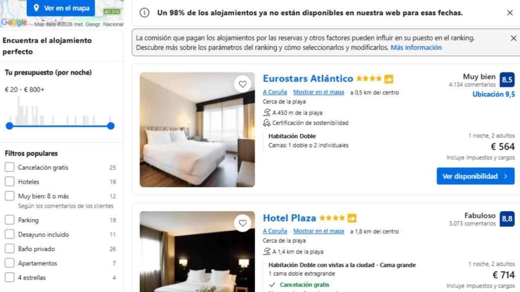 Precio de los hoteles todavía disponibles en A Coruña para la noche del 12 al 13 de agosto
