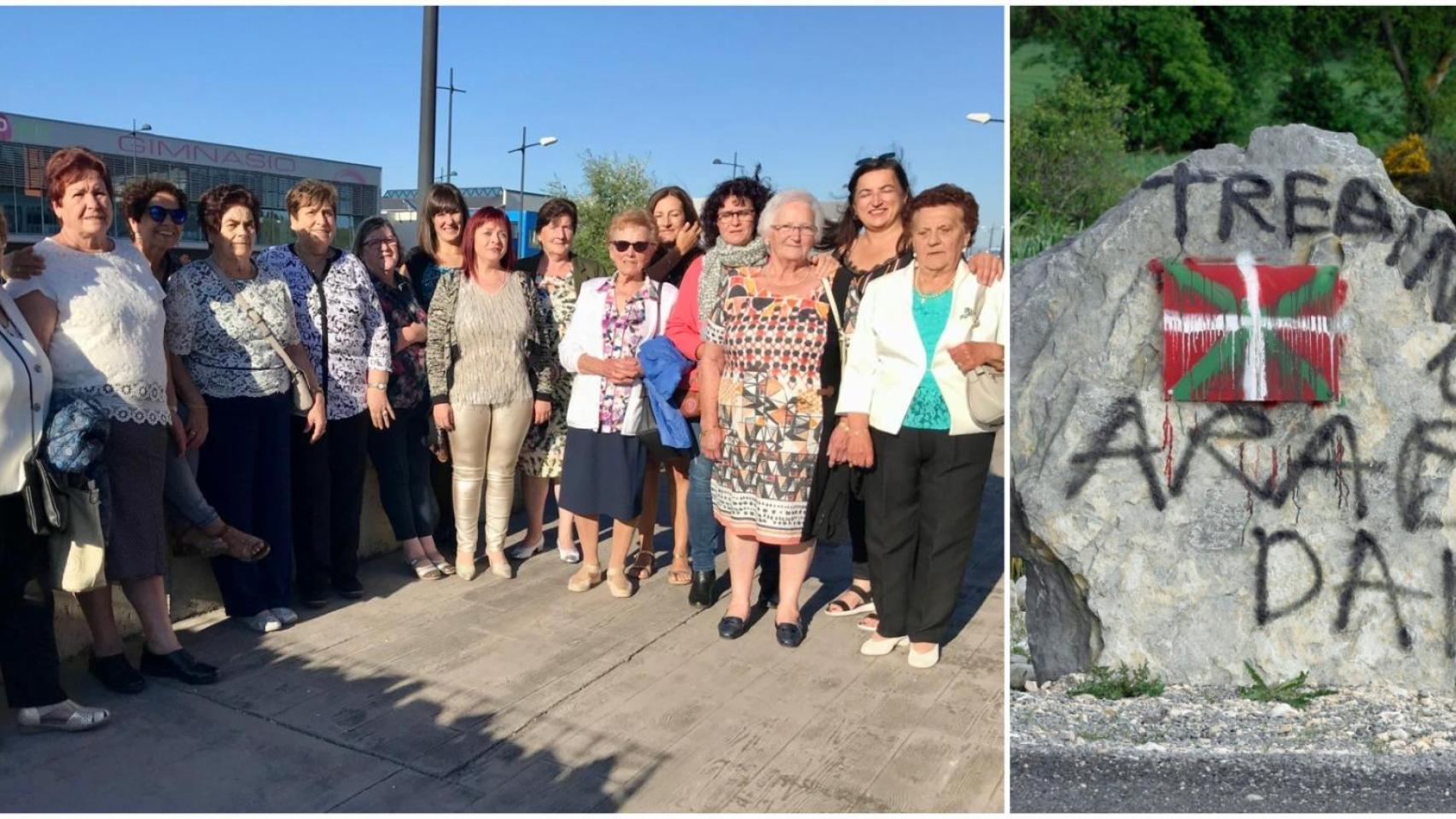 Mujeres de la Asociación cultural Uralde (Treviño) posan y una piedra donde se solicita ser del País Vasco