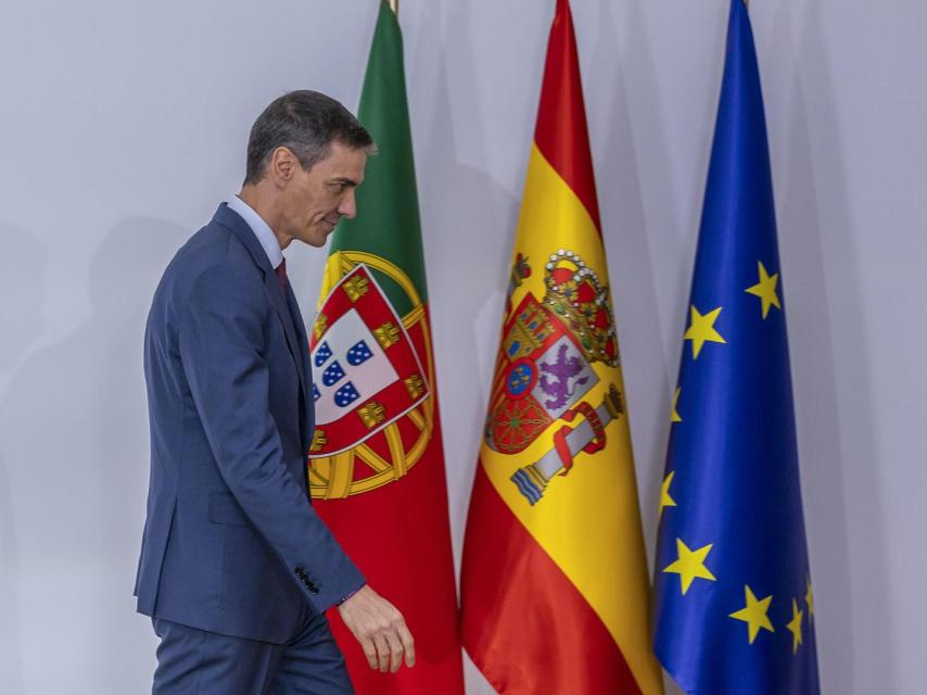 Pedro Sánchez, durante la rueda de prensa posterior a la XXXVI Cumbre Hispano-Lusa, en La Rábida (Huelva).