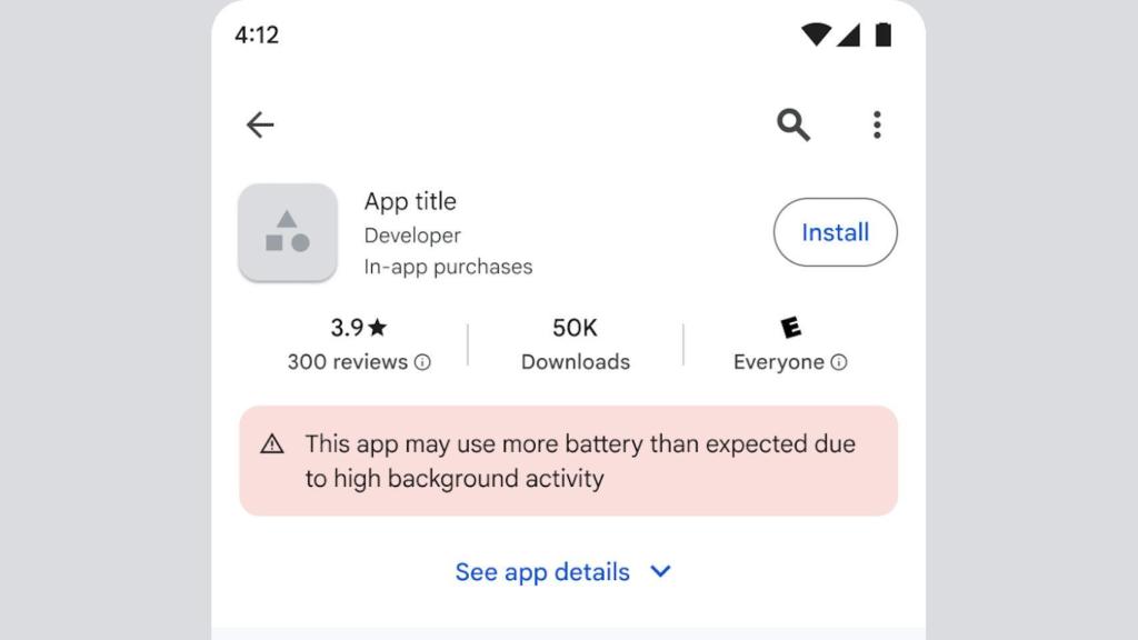 Nuevo aviso en Google Play Store de que una app puede consumir más batería de lo esperado