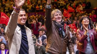 Pedro Sánchez, Carlos Martínez y Ana Redondo, este sábado en un acto de campaña del PSOE en Soria.