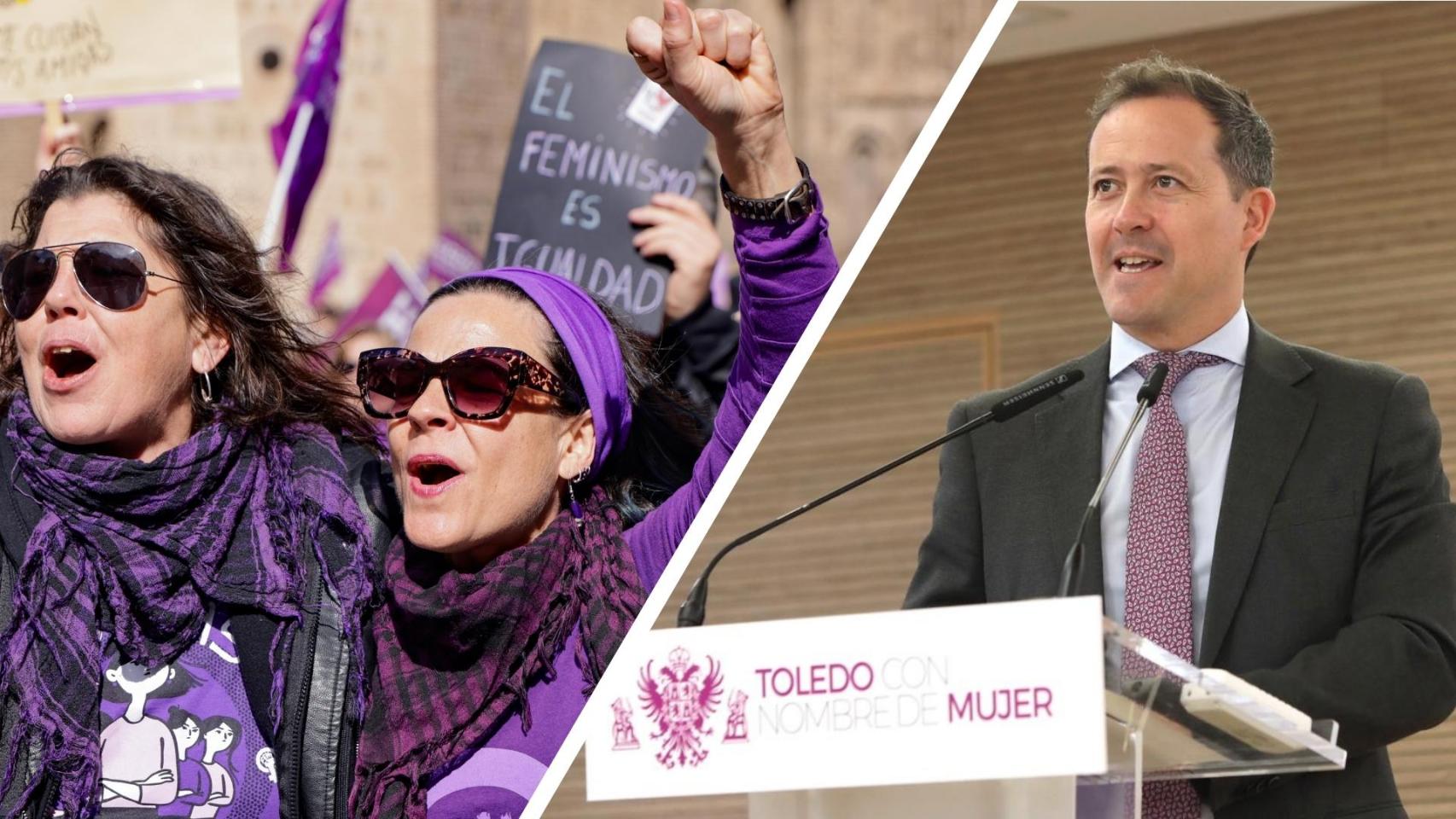 A la izquierda dos mujeres durante la marcha de la plataforma 8M en Toledo y a la derecha, el alcalde de Toledo, Carlos Velázquez, durante los premios 'Toledo con nombre de Mujer'; ambos acontecimientos celebrados este domingo 8 de marzo.