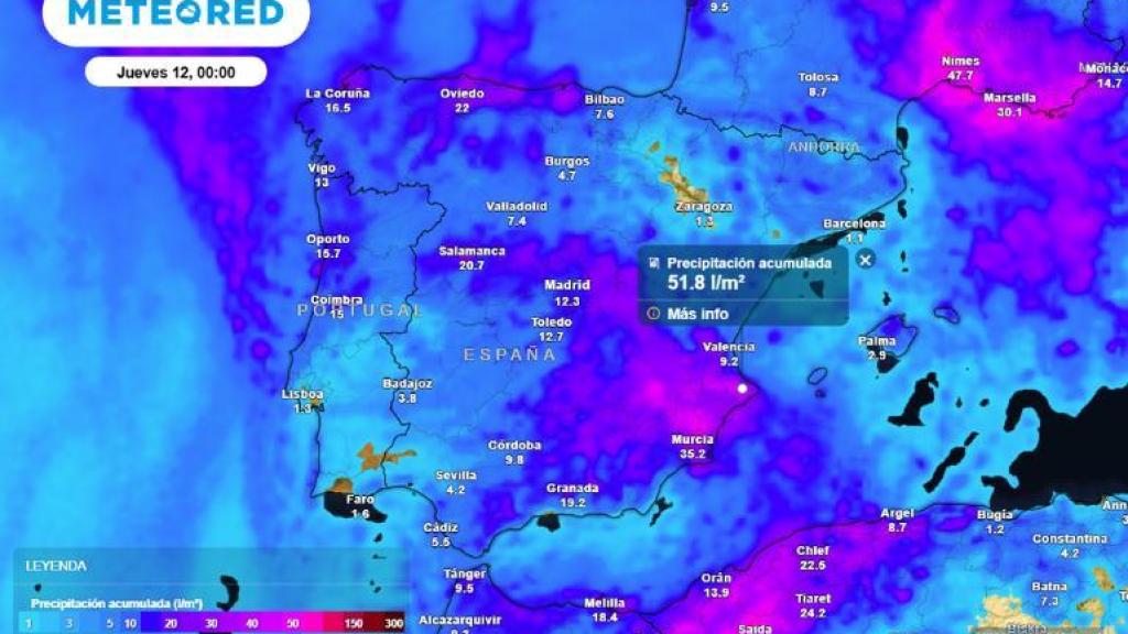 Precipitación acumulada del lunes al miércoles. Foto: Meteored.