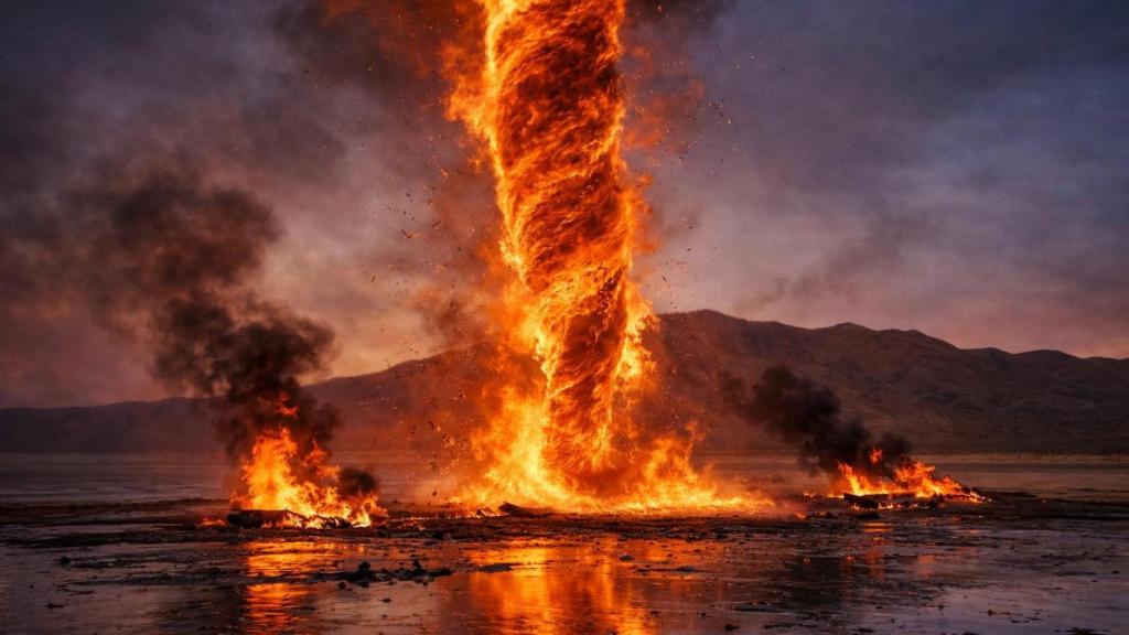 Representación artística de un tornado de fuego controlado hecho con inteligencia artificial.