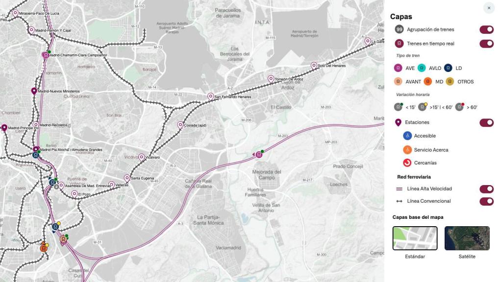 Interfaz del mapa de la Renfe.