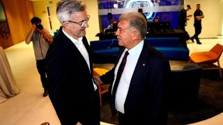 Víctor Font y Joan Laporta, antes del debate organizado por el Grupo Godó