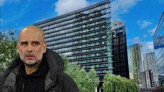 Fotomontaje de Pep Guardiola y el edificio donde vive en Mánchester