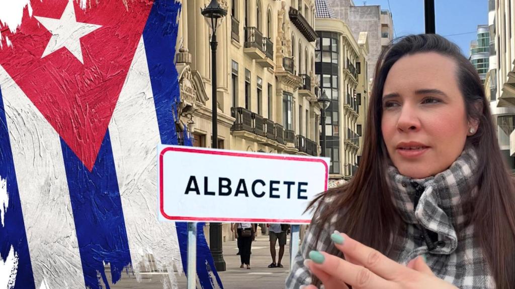 Montaje con foto de la joven cubana, una bandera de Cuba y una calle de Albacete.