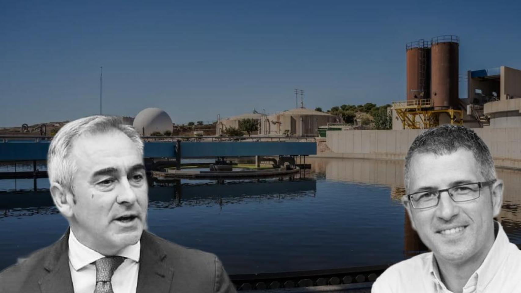 El conseller Miguel Barrachina y el secretario de Estado, Hugo Morán, sobre una imagen de la depuradora de Monte Orgergia.