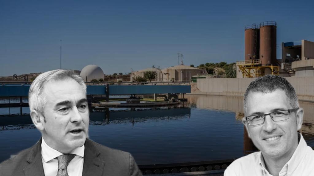 El conseller Miguel Barrachina y el secretario de Estado, Hugo Morán, sobre una imagen de la depuradora de Monte Orgergia.