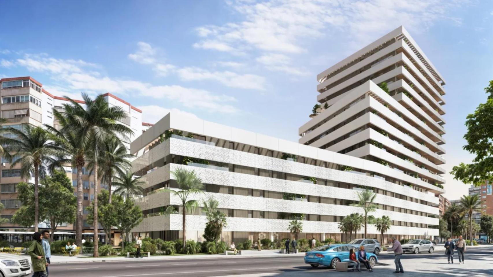 Diseño del nuevo complejo residencial y hotelero que se construirá sobre el viejo concesionario de Málaga Wagen.