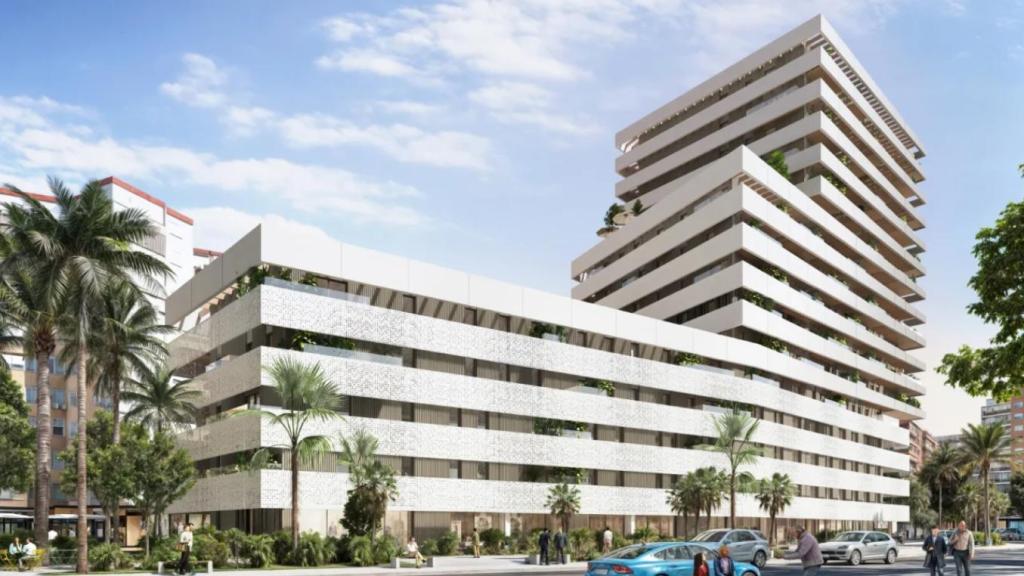 Diseño del nuevo complejo residencial y hotelero que se construirá sobre el viejo concesionario de Málaga Wagen.