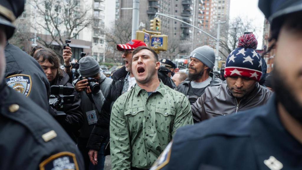 Far-right agitator Jake Lang during Saturday's anti-Muslim protest in New York
