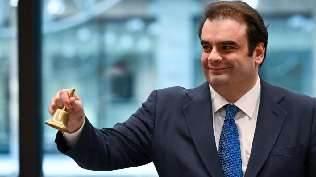 El presidente del Eurogrupo, Kyriakos Pierrakakis, durante la reunión de este lunes en Bruselas