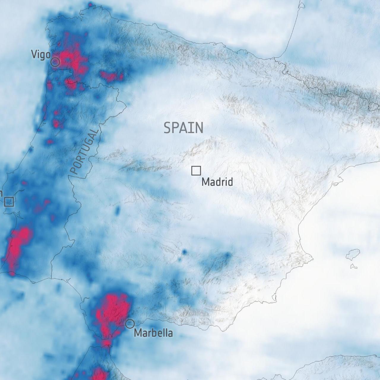 Mapa de la ESA en el que se muestra la precipitación acumulada en la primera semana del mes de febrero.