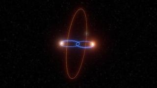 Impresión artística de la inusual órbita del exoplaneta 2M1510 (AB) b alrededor de sus estrellas anfitrionas.