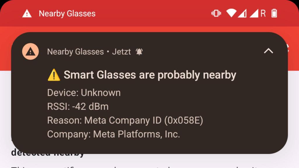 Ejemplo de notificación generada por Nearby Glasses de unas gafas cercanas