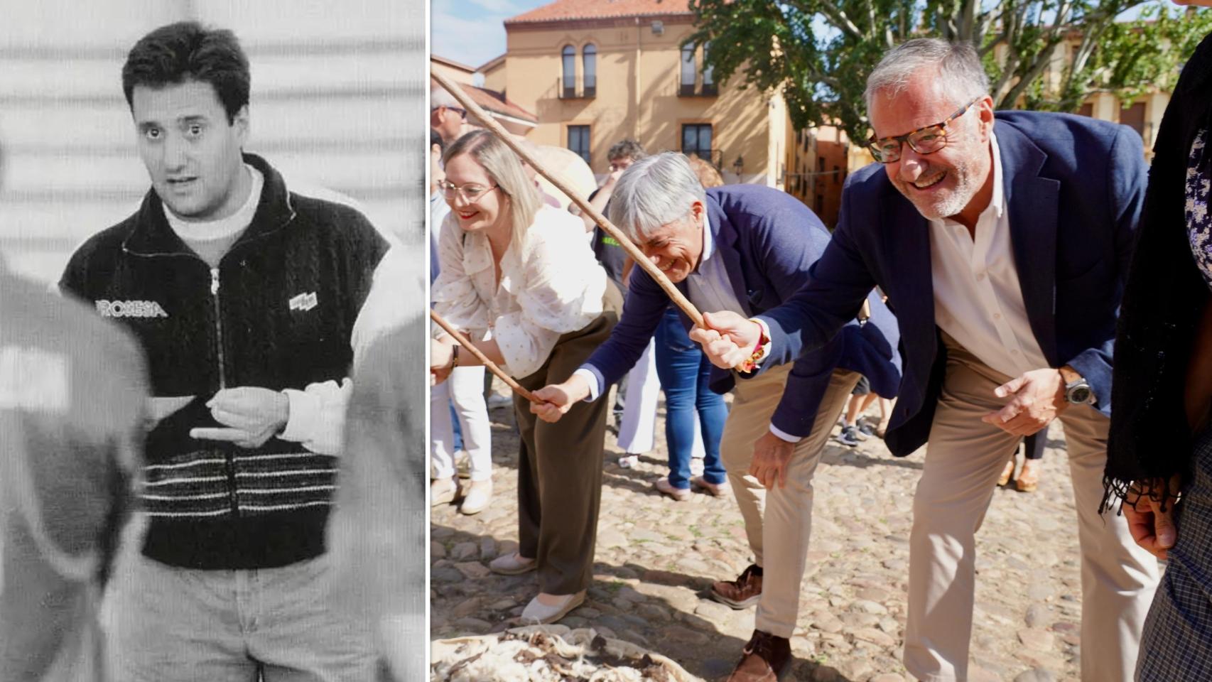 El candidato de Vox a la Presidencia de la Junta, Carlos Pollán, durante su etapa en el Ademar León y en la tradicional romería de La Melonera en la capital leonesa como presidente de las Cortes, en un montaje de EL ESPAÑOL