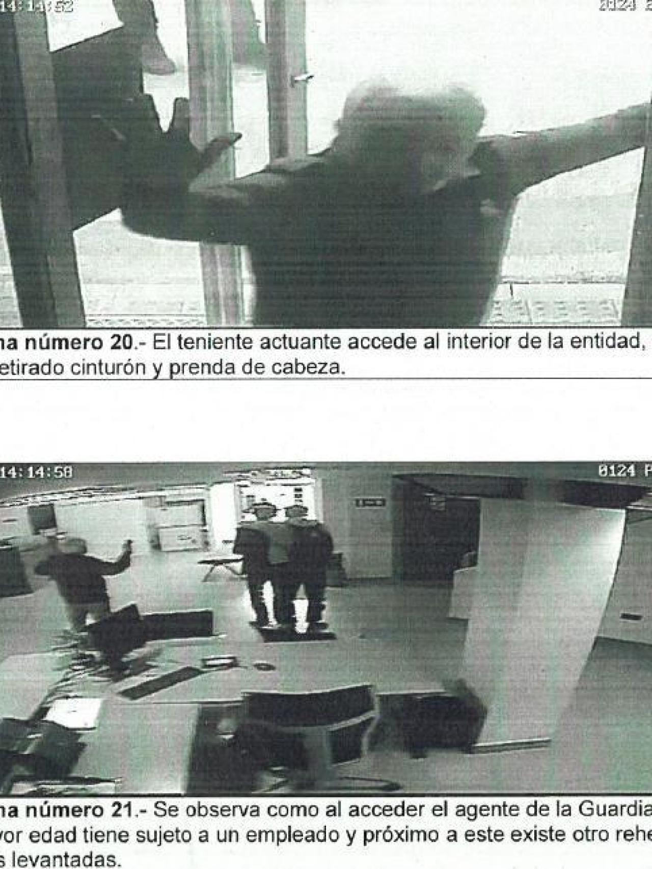 El Teniente León entrando con las manos en alto al banco, al lado, otra perspectiva de las cámaras de seguridad de un atracador con un rehén.