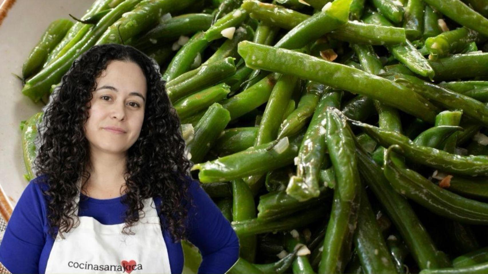 Rosa junto a un plato de judías.