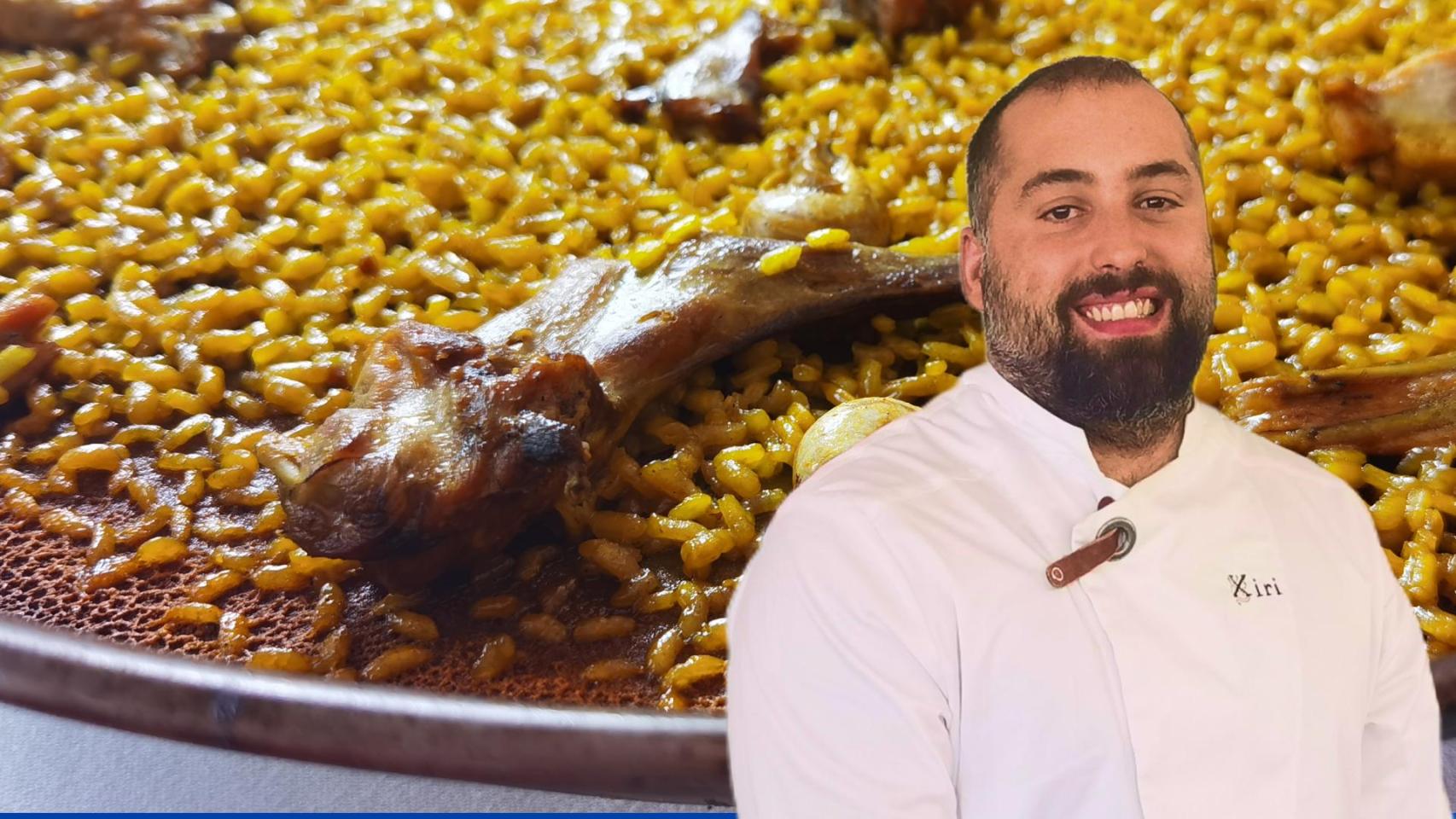 El chef Josep Palomares con uno de sus arroces de conejo y caracoles.