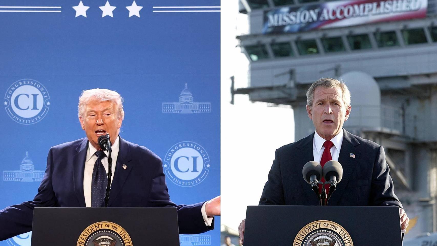 El anuncio de Donald Trump de una guerra casi terminada ha sido comparado con el misión cumplida prematuro de George W. Bush en 2003