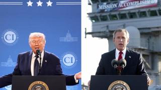 El anuncio de Donald Trump de una guerra casi terminada ha sido comparado con el misión cumplida prematuro de George W. Bush en 2003