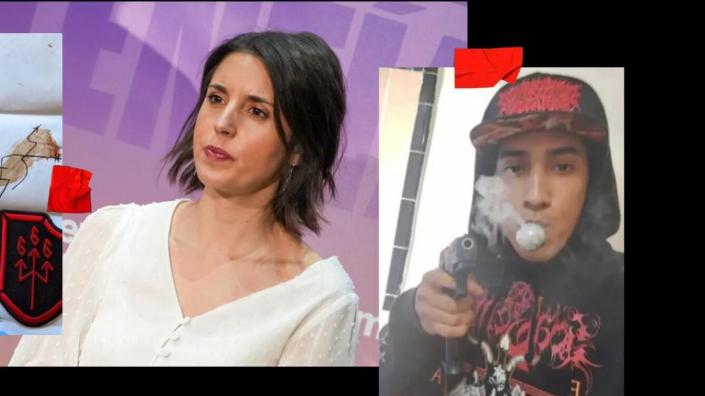 A la izquierda, un pacto de sangre que la policía de Nueva York encontró en la vivienda de Ángel Almeida (imagen derecha), miembro de la red 764. En el centro, Irene Montero, en una imagen de este sábado.