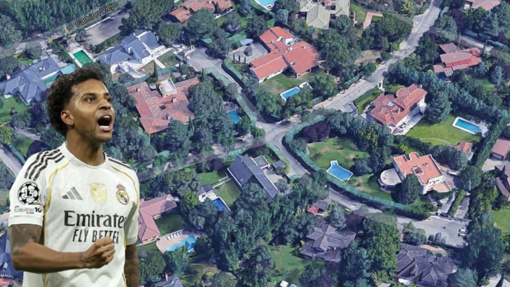 Montaje de Rodrygo y una vista aérea de la zona donde vive en Madrid.