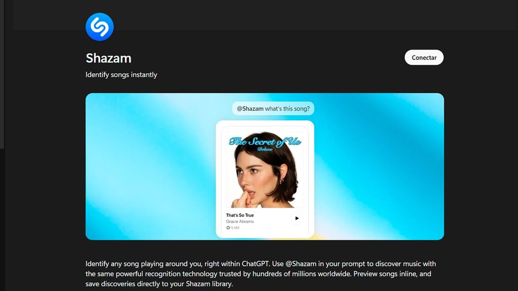 Shazam en la sección de apps de ChatGPT