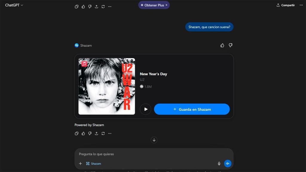 Imagen de Shazam en ChatGPT al identificar una canción
