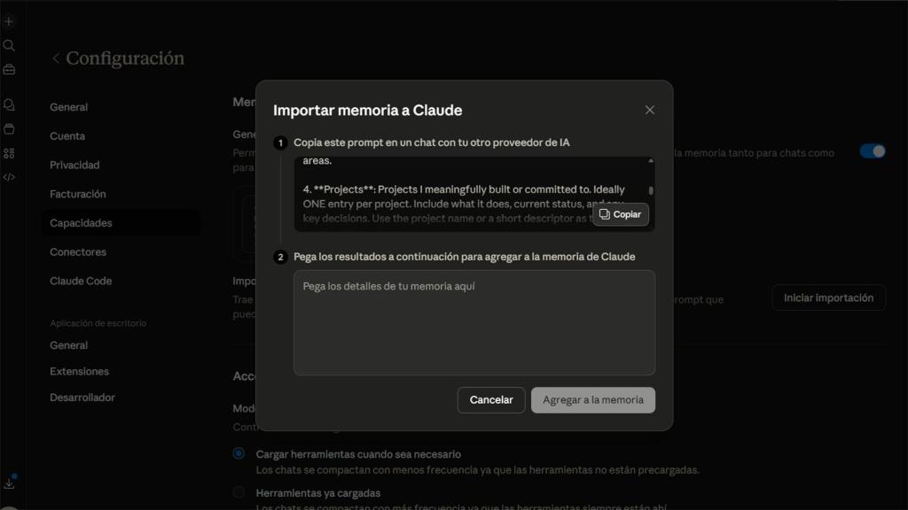 Imagen de la función de importar memoria a Claude