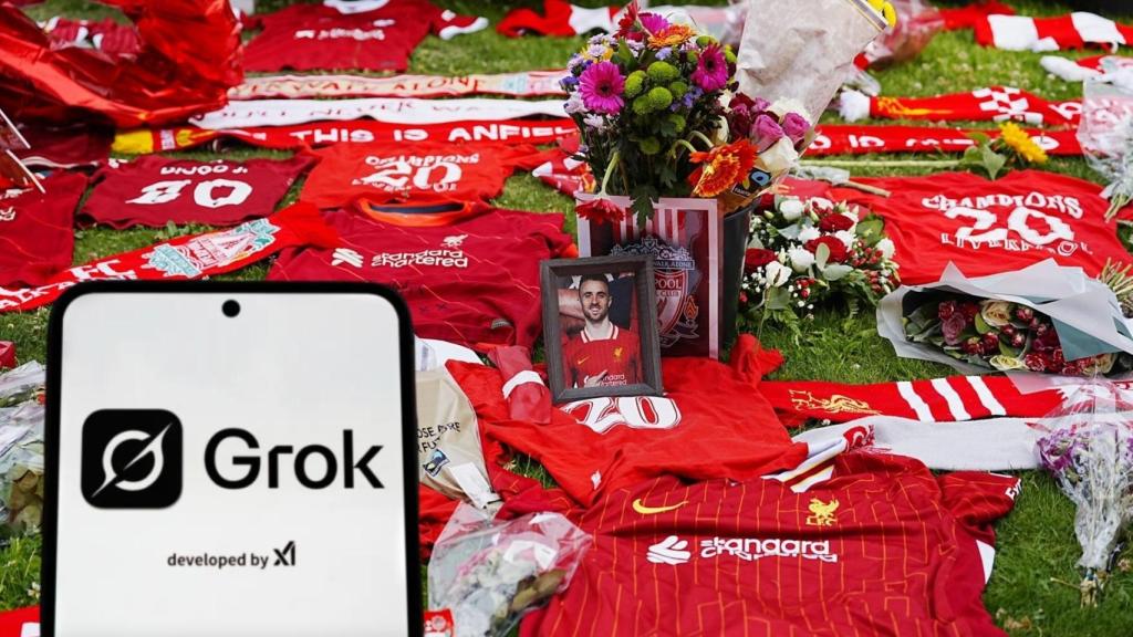Fotomontaje de Grok y el memorial en Anfield tras la muerte de Diogo Jota