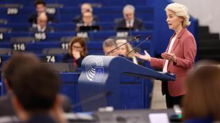 La presidenta Ursula von der Leyen, durante su discurso de este miércoles en la Eurocámara