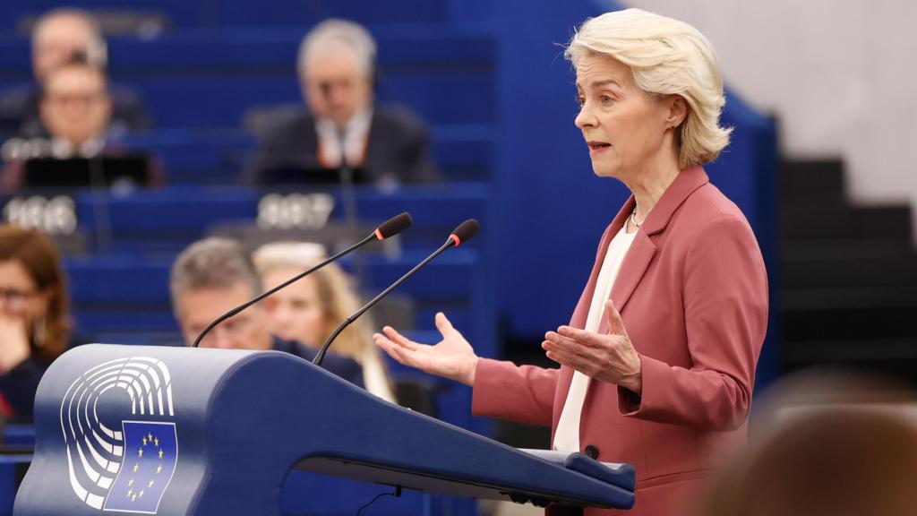 La presidenta Ursula von der Leyen, durante su discurso de este miércoles en la Eurocámara
