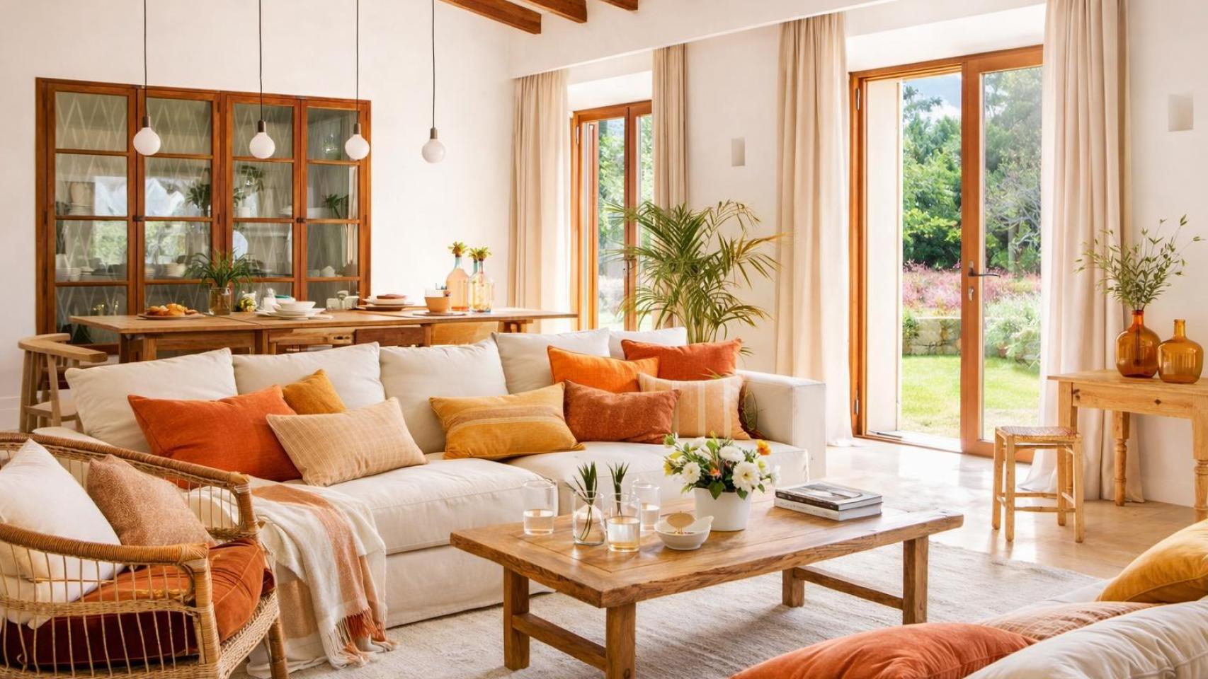 Salón moderno en tonos cálidos y sofá beige.