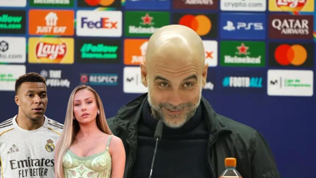 Montaje de Guardiola, en rueda de prensa, y Mbappé junto a Ester Expósito
