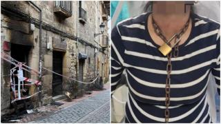 Casa del incedio junto a la imagen de la mujer cuando fue encadenada