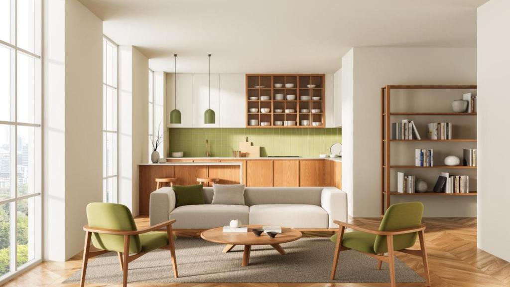 Sala de estar con cocina abierta de estilo moderno.