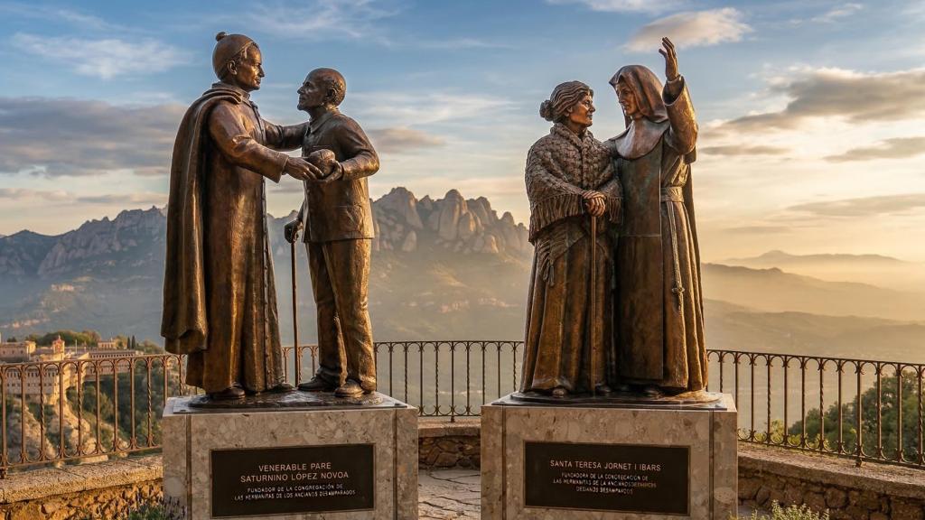 Esculturas de bronce del padre Saturnino López Novoa y santa Teresa Jornet en la montaña de Monserrat en Cataluña, España.