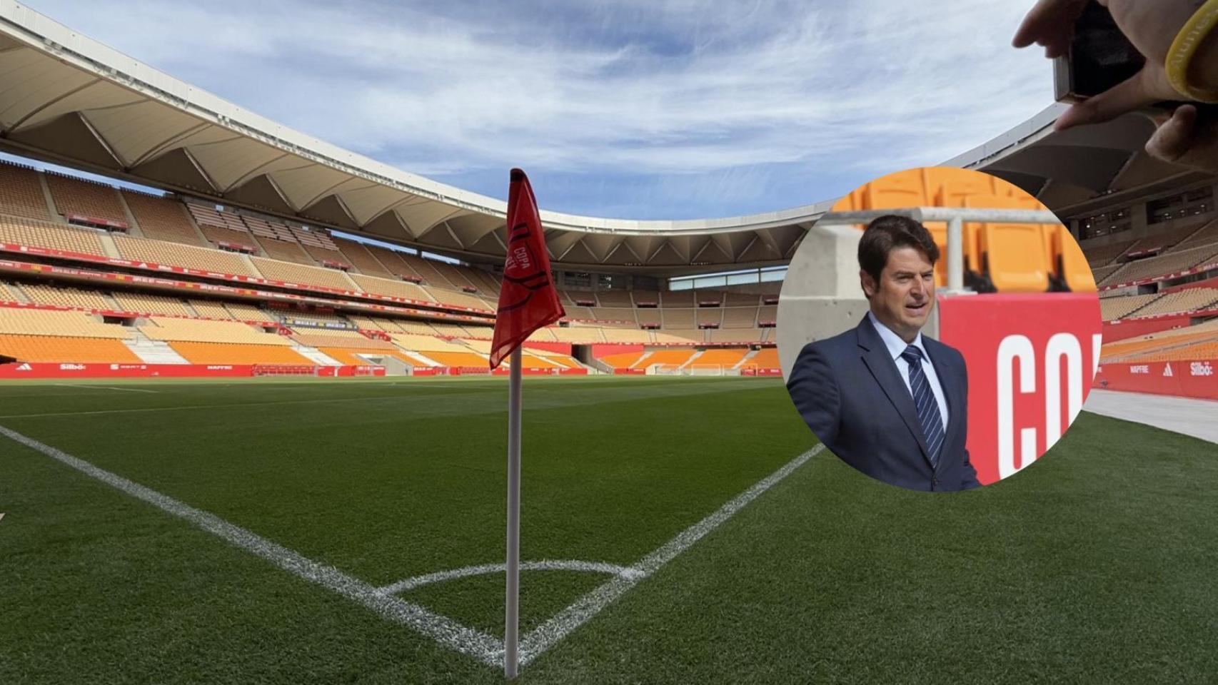 Un collage de Daniel Oviedo y el Estadio de La Cartuja.