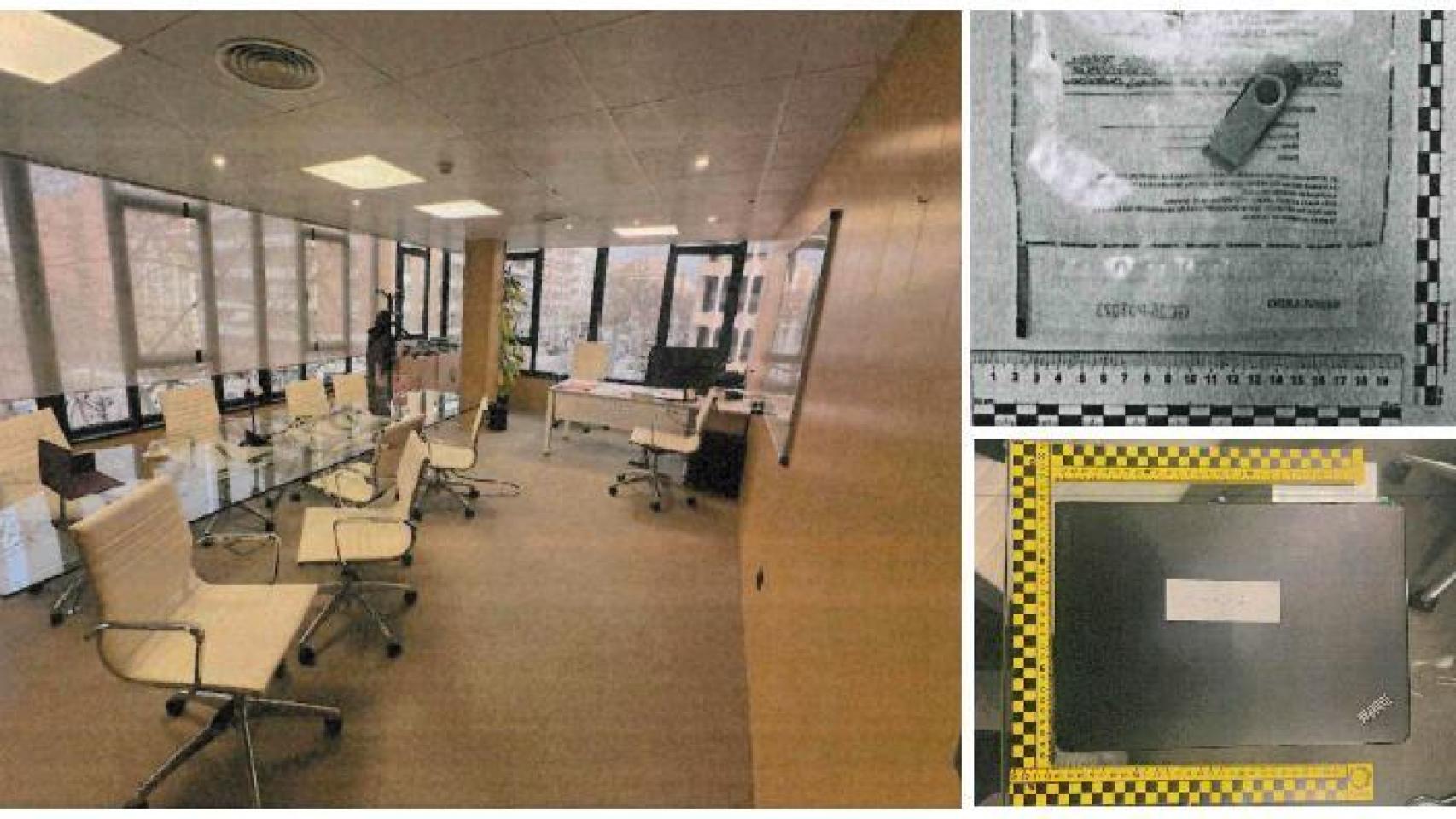 Las oficinas de Forestalia en Madrid, junto a parte de los objetos intervenidos.