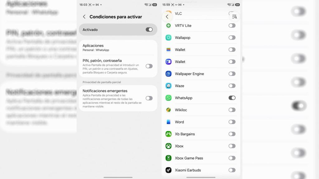 La pantalla de condiciones para activar