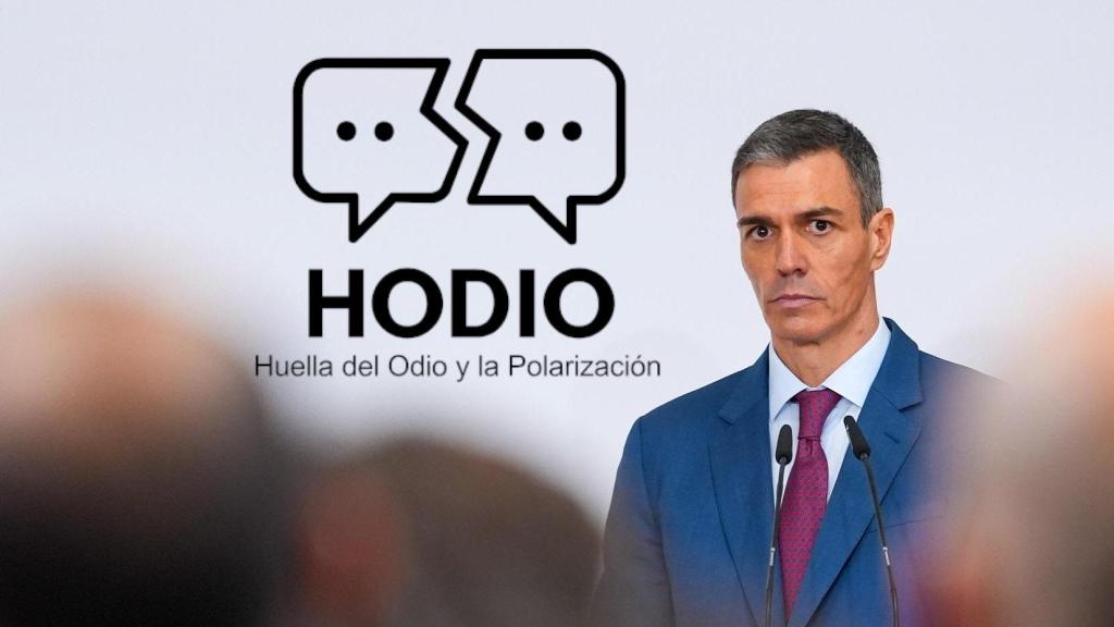 Fotomontaje del logotipo de HODIO en una fotografía de archivo de Pedro Sánchez