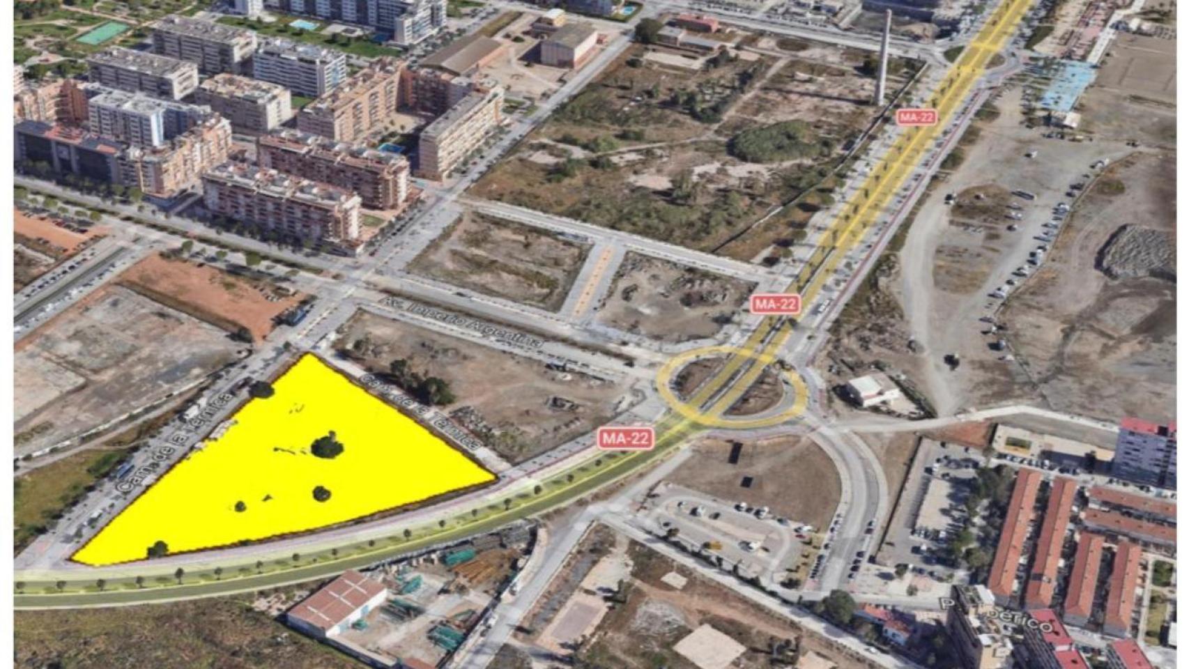 Delimitación de los suelos que se van a ceder la Junta de Andalucía para el nuevo instituto y el centro de salud.